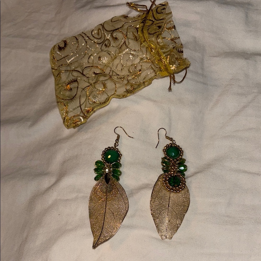 Green and Gold Leaf Drop Earrings with Beads